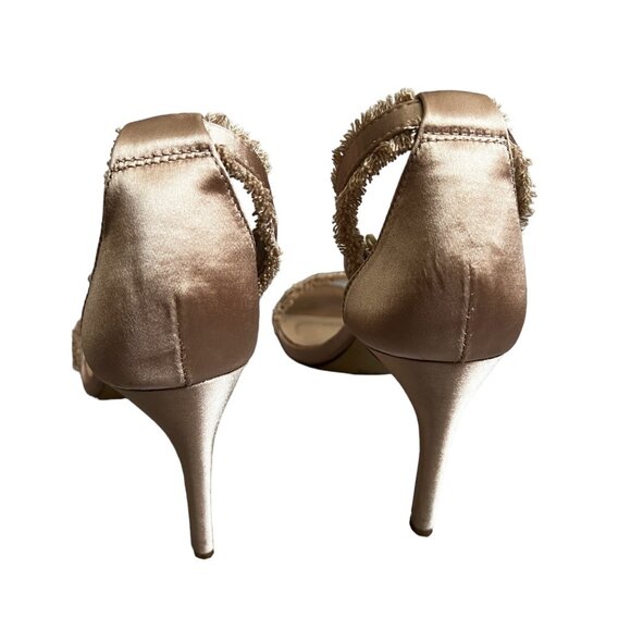 Mix No. 6 Rayane Satin Beige Open Toe Fringe Stilettos Heels Sz 9 Womens Anke St - Picture 3 of 9